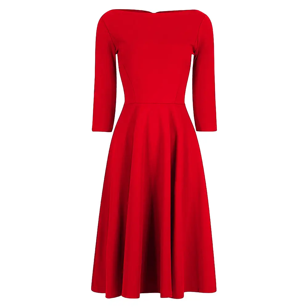 Red 3/4 Sleeve Boat Neck Audrey Hepburn Style 50s Swing Dress