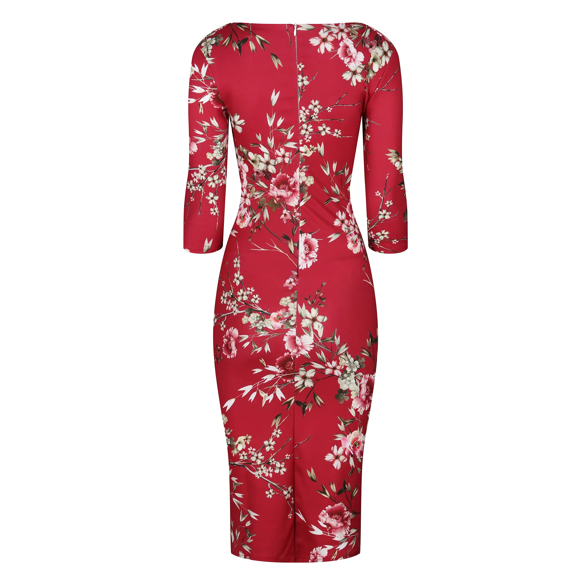 Red Floral 3/4 Sleeve Bodycon Pencil Wiggle Dress