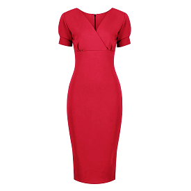 Red Puff Sleeve V Neck Bodycon Pencil Dress