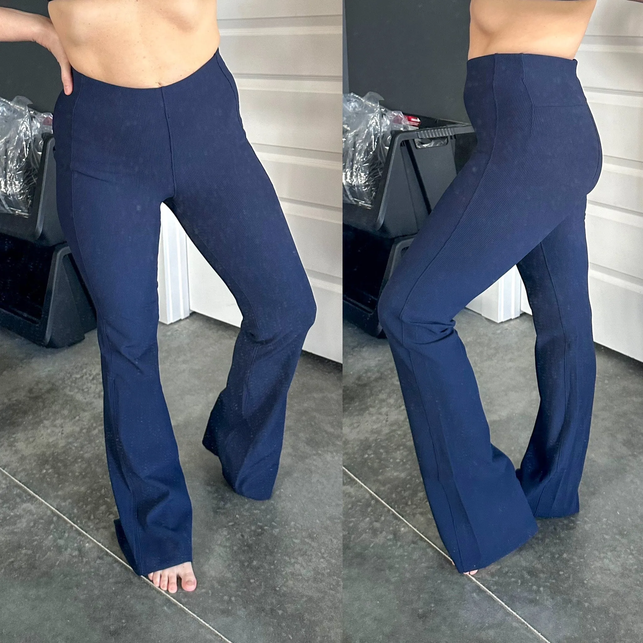 Ribbed High Waisted Pull On Pants In Deep Navy