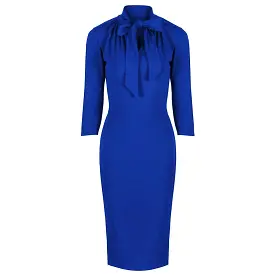 Royal Blue 3/4 Sleeve Tie Neck Bodycon Pencil Dress