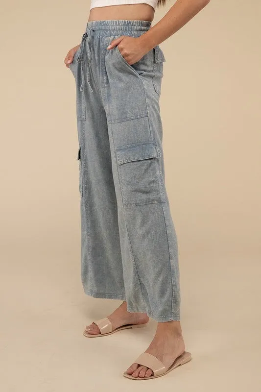 Samantha Washed Linen Elastic Band Waist Cargo Pants