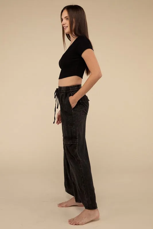 Samantha Washed Linen Elastic Band Waist Cargo Pants