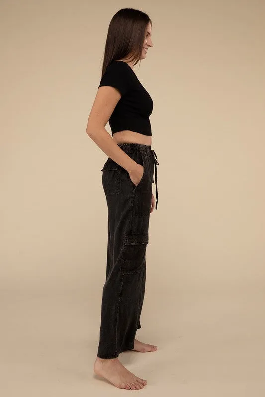 Samantha Washed Linen Elastic Band Waist Cargo Pants