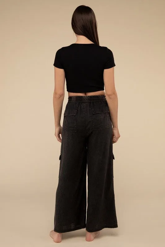 Samantha Washed Linen Elastic Band Waist Cargo Pants