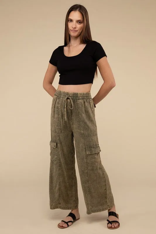 Samantha Washed Linen Elastic Band Waist Cargo Pants