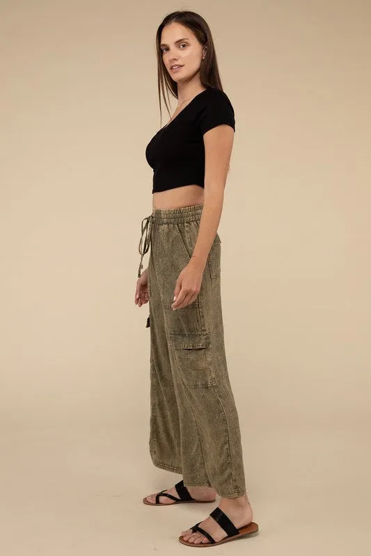 Samantha Washed Linen Elastic Band Waist Cargo Pants