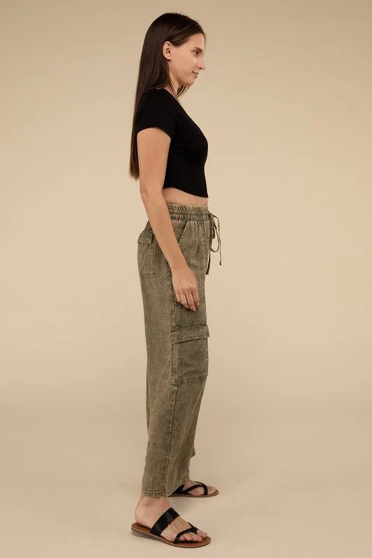 Samantha Washed Linen Elastic Band Waist Cargo Pants