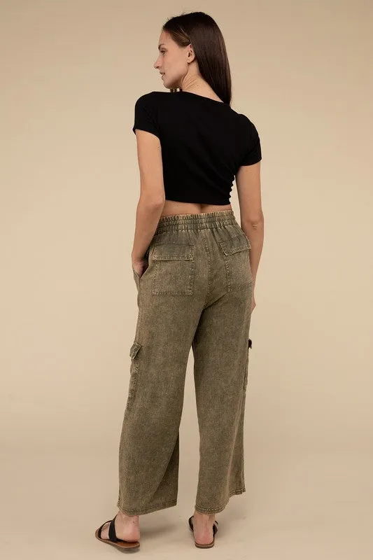 Samantha Washed Linen Elastic Band Waist Cargo Pants