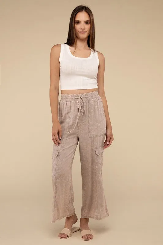 Samantha Washed Linen Elastic Band Waist Cargo Pants