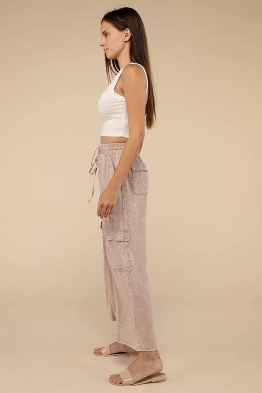 Samantha Washed Linen Elastic Band Waist Cargo Pants