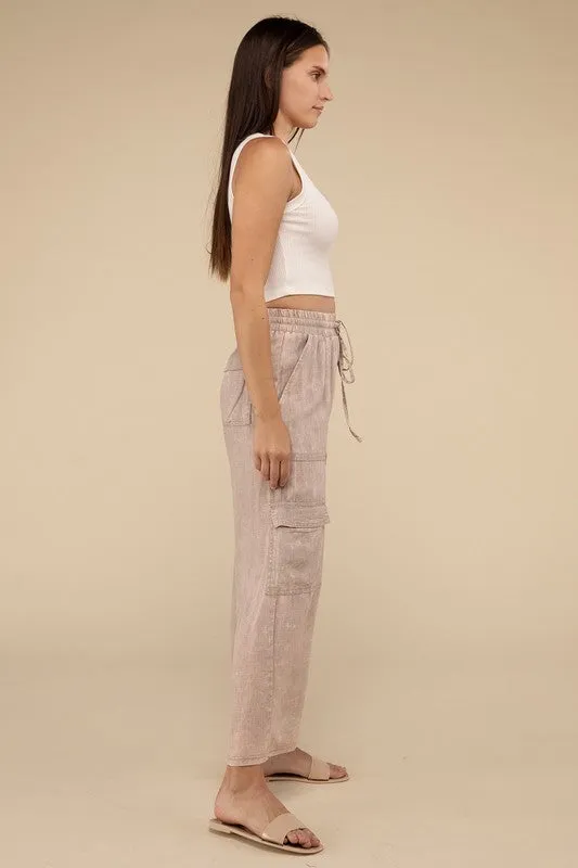 Samantha Washed Linen Elastic Band Waist Cargo Pants