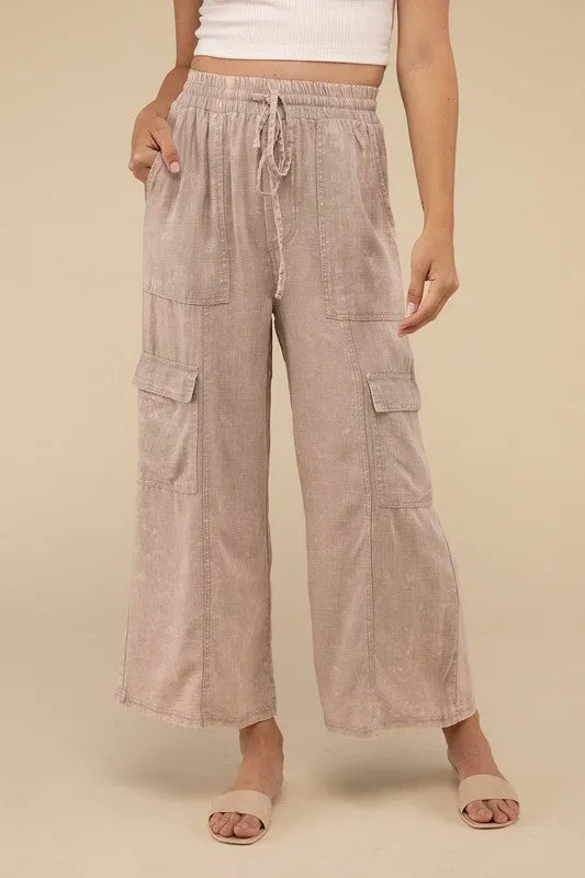 Samantha Washed Linen Elastic Band Waist Cargo Pants