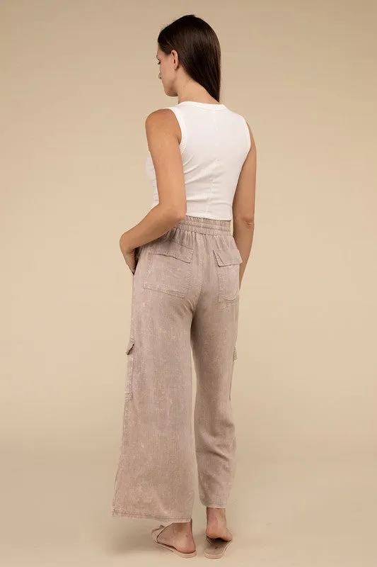 Samantha Washed Linen Elastic Band Waist Cargo Pants