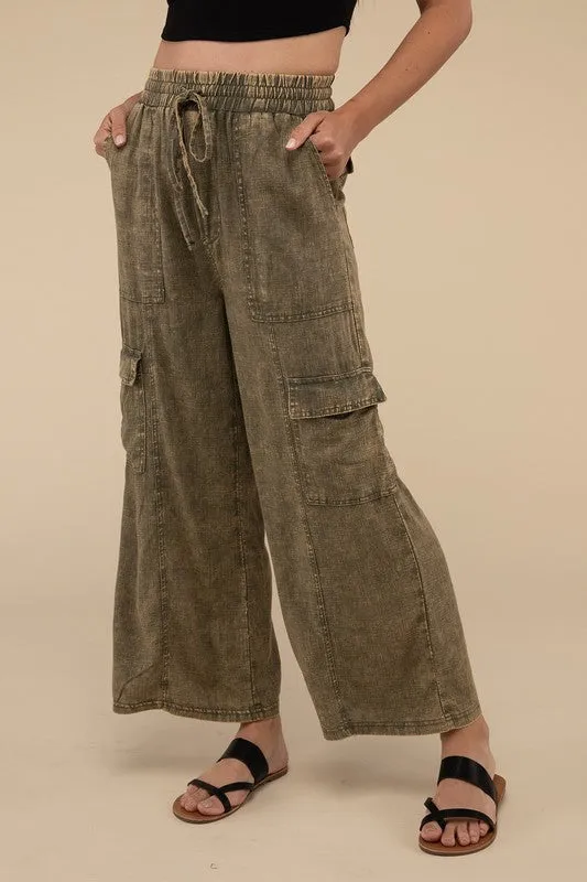 Samantha Washed Linen Elastic Band Waist Cargo Pants