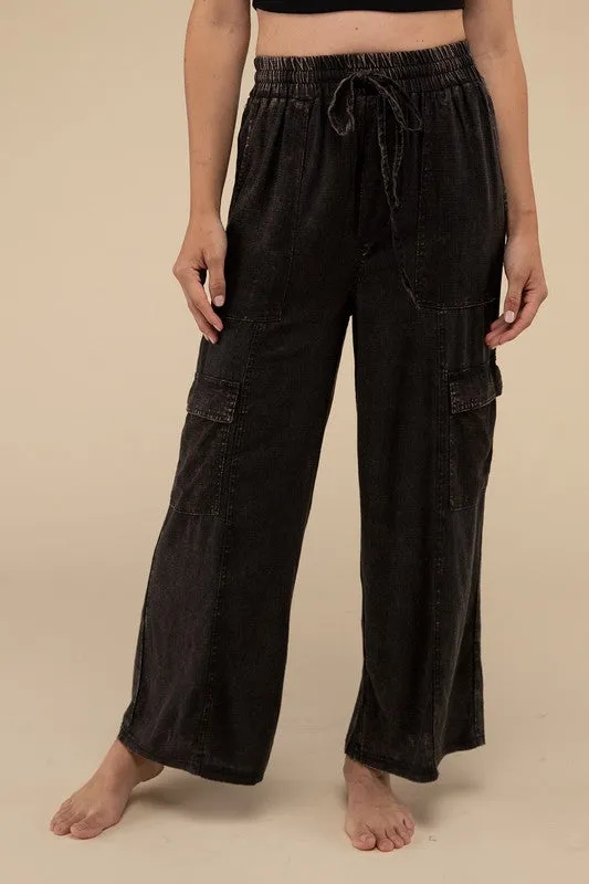 Samantha Washed Linen Elastic Band Waist Cargo Pants