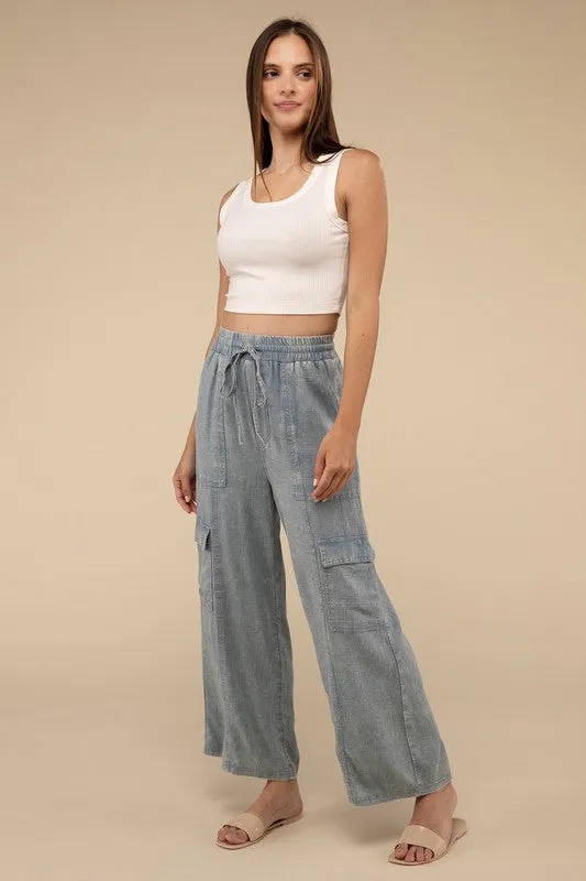 Samantha Washed Linen Elastic Band Waist Cargo Pants