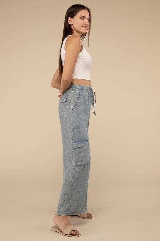 Samantha Washed Linen Elastic Band Waist Cargo Pants