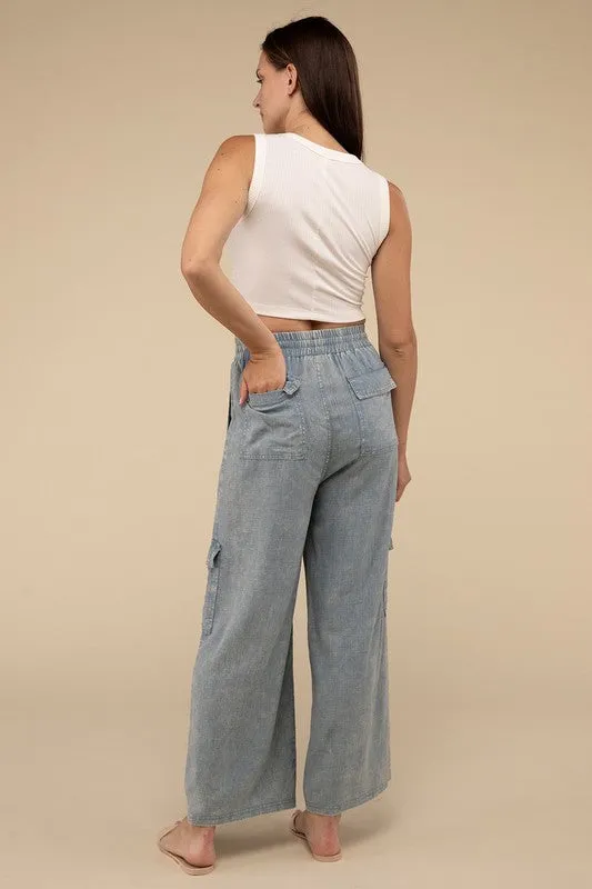 Samantha Washed Linen Elastic Band Waist Cargo Pants