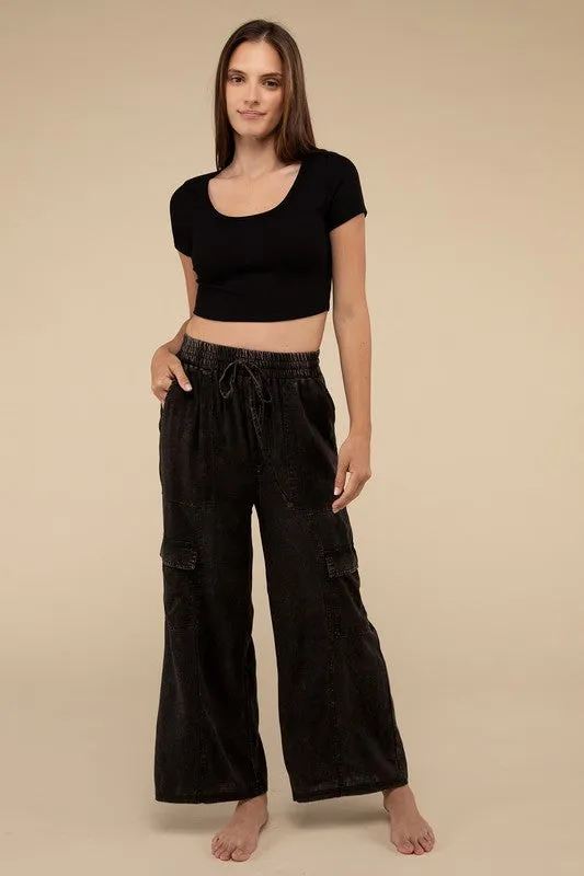 Samantha Washed Linen Elastic Band Waist Cargo Pants