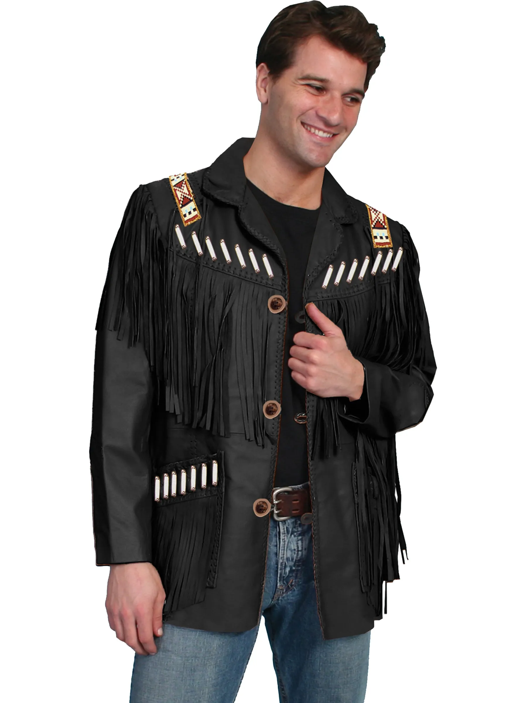 Scully Leather Mens Boar Suede Fringe Mountain Man Jacket Black