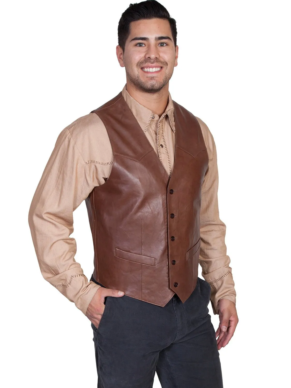 Scully Leather Mens Western Lambskin Button Front Vest Chocolate 50