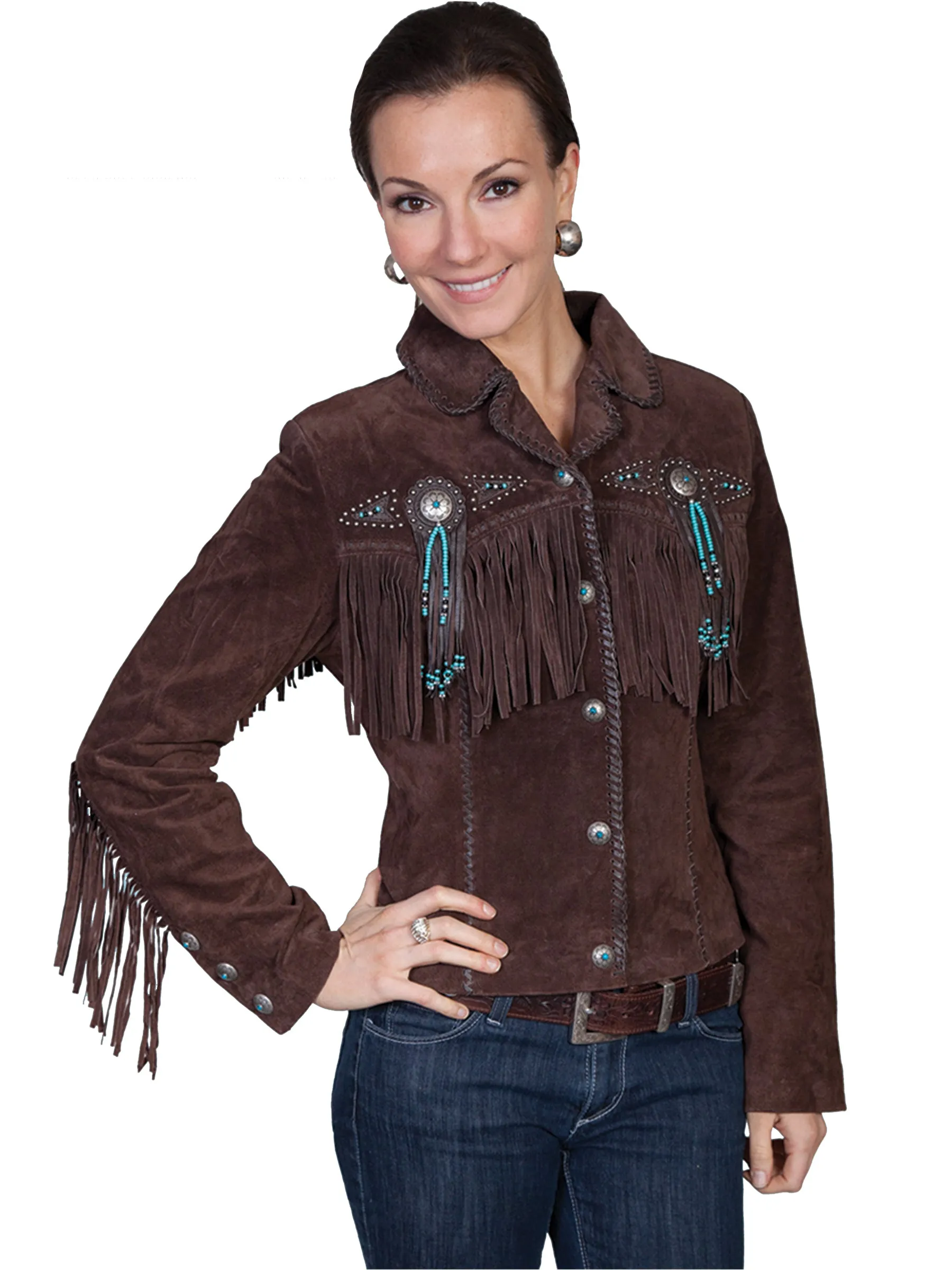 Scully Leather Womens Beaded Fringe Conchos Boar Suede Jacket Chocolate XL