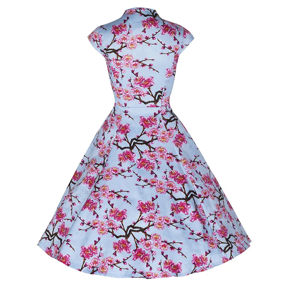 Sky Blue and Pink Floral Print 50s Swing Dress