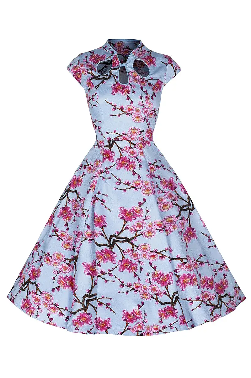 Sky Blue and Pink Floral Print 50s Swing Dress