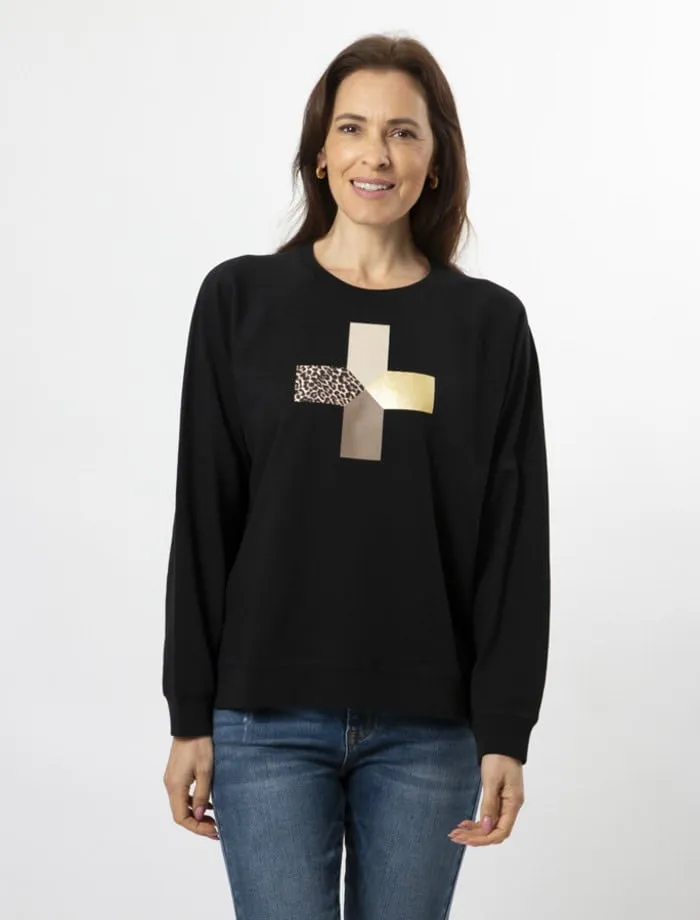 STELLA & GEMMA EVERYDAY SWEATER BLACK PURRFECT LEOPARD CROSS