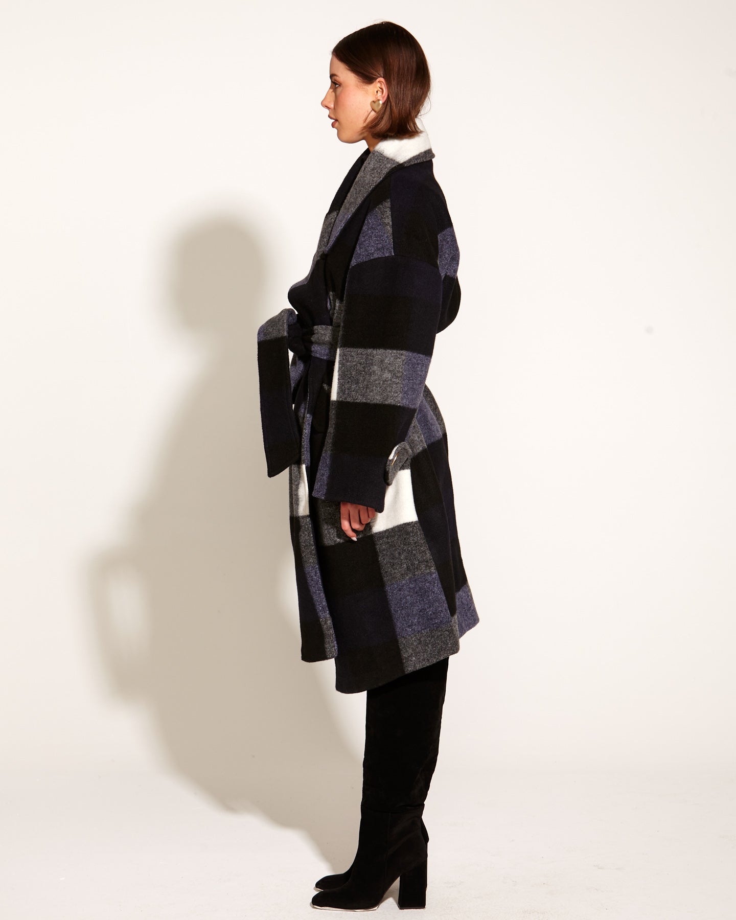 Stranger Oversized Collared Waist Tie Coat - Navy Check