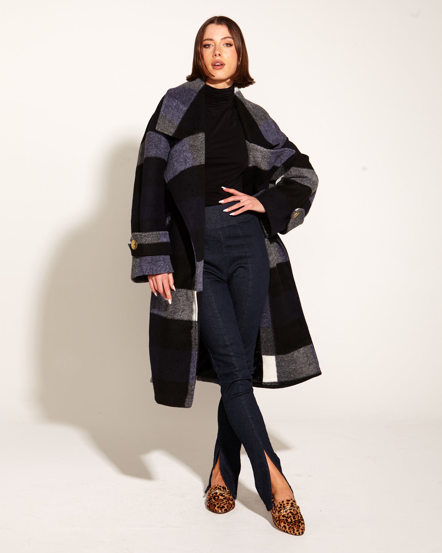 Stranger Oversized Collared Waist Tie Coat - Navy Check