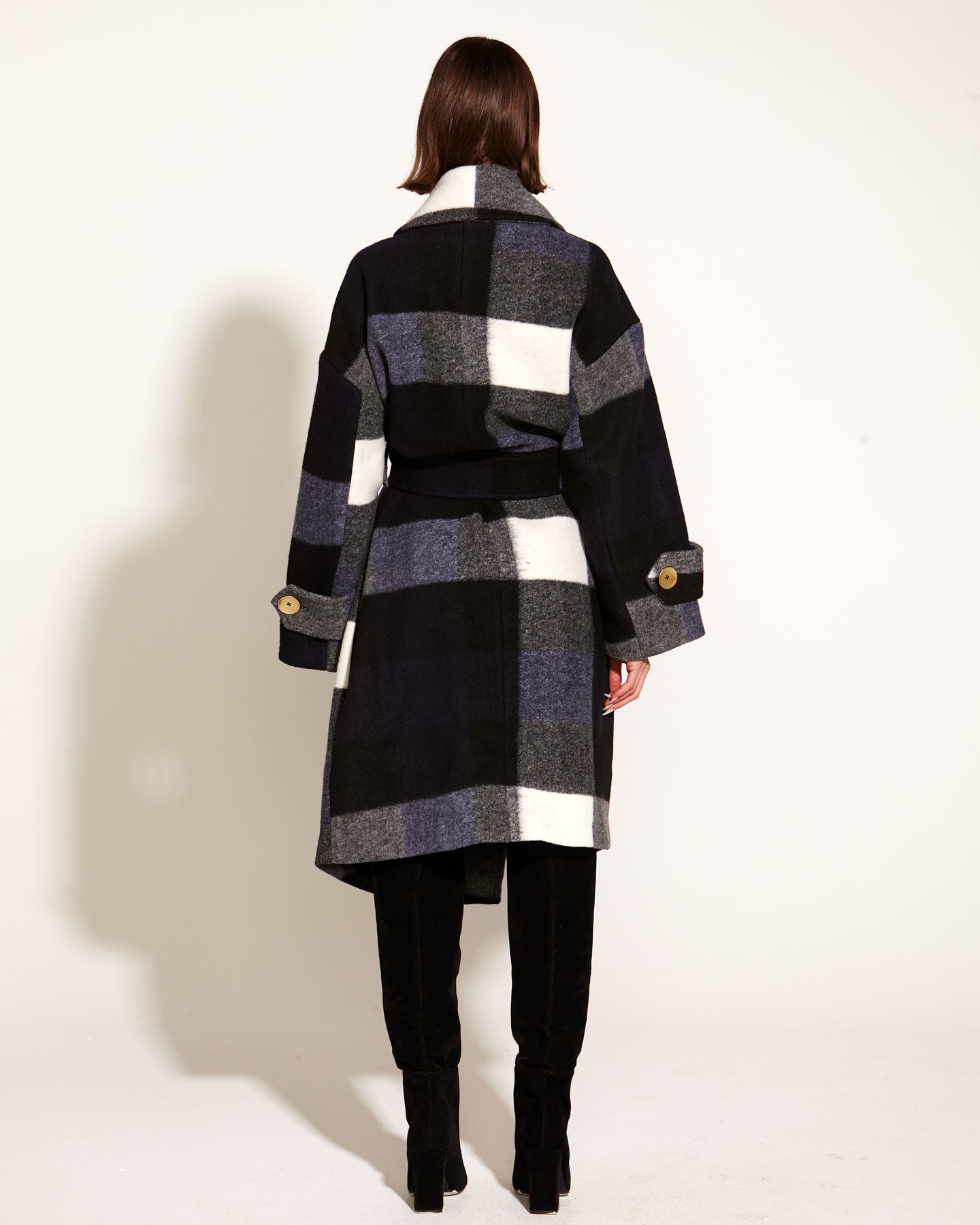 Stranger Oversized Collared Waist Tie Coat - Navy Check