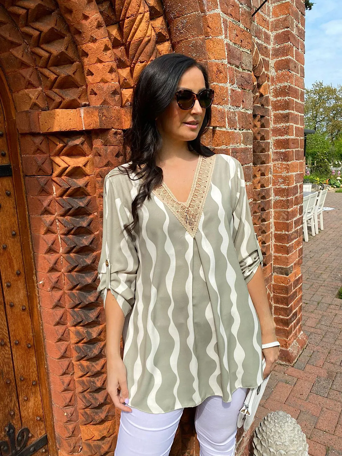 Swirl Crochet V Neck Blouse Jade