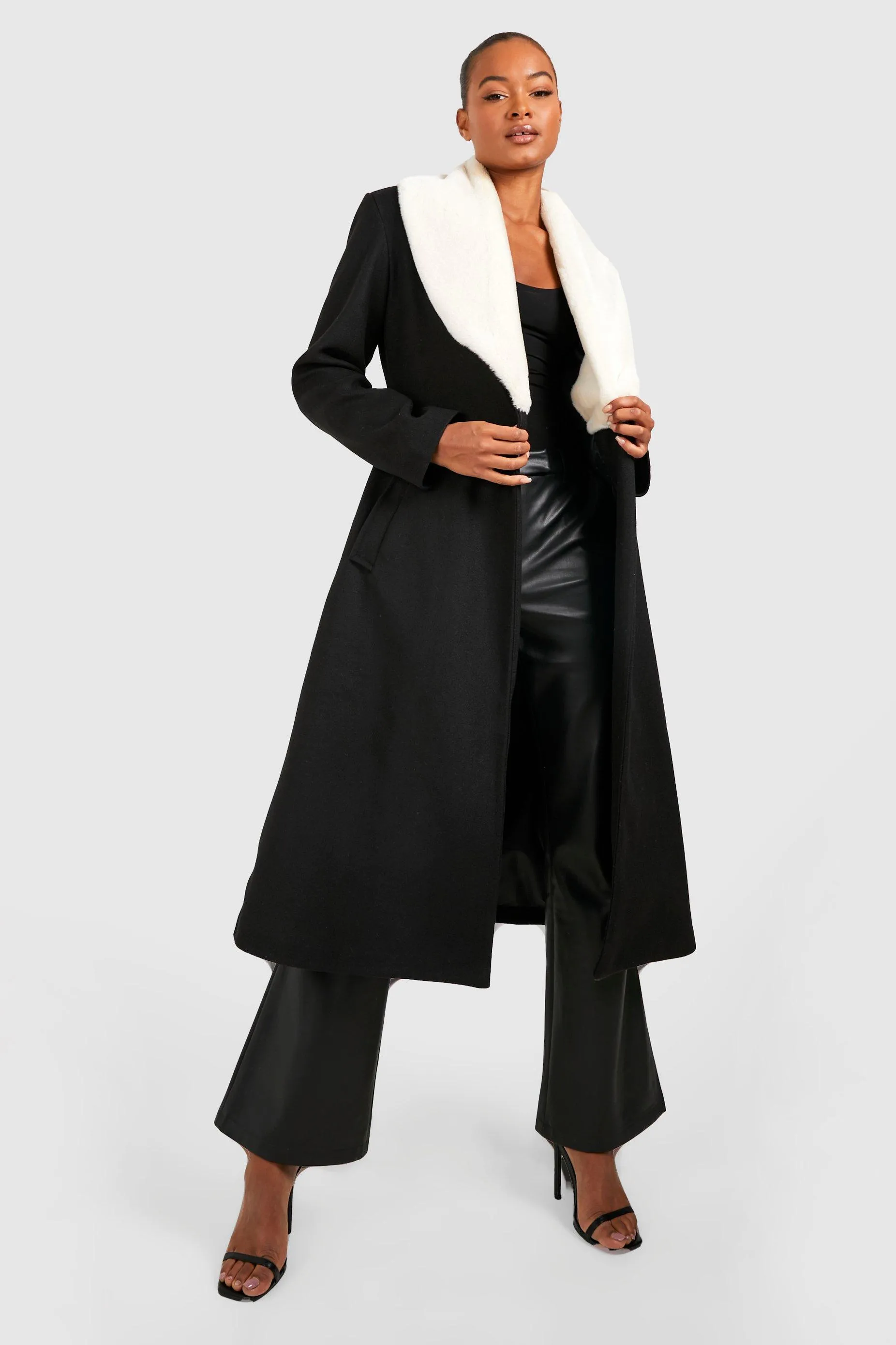 Tall Faux Fur Wool Look Wrap Oversized Coat