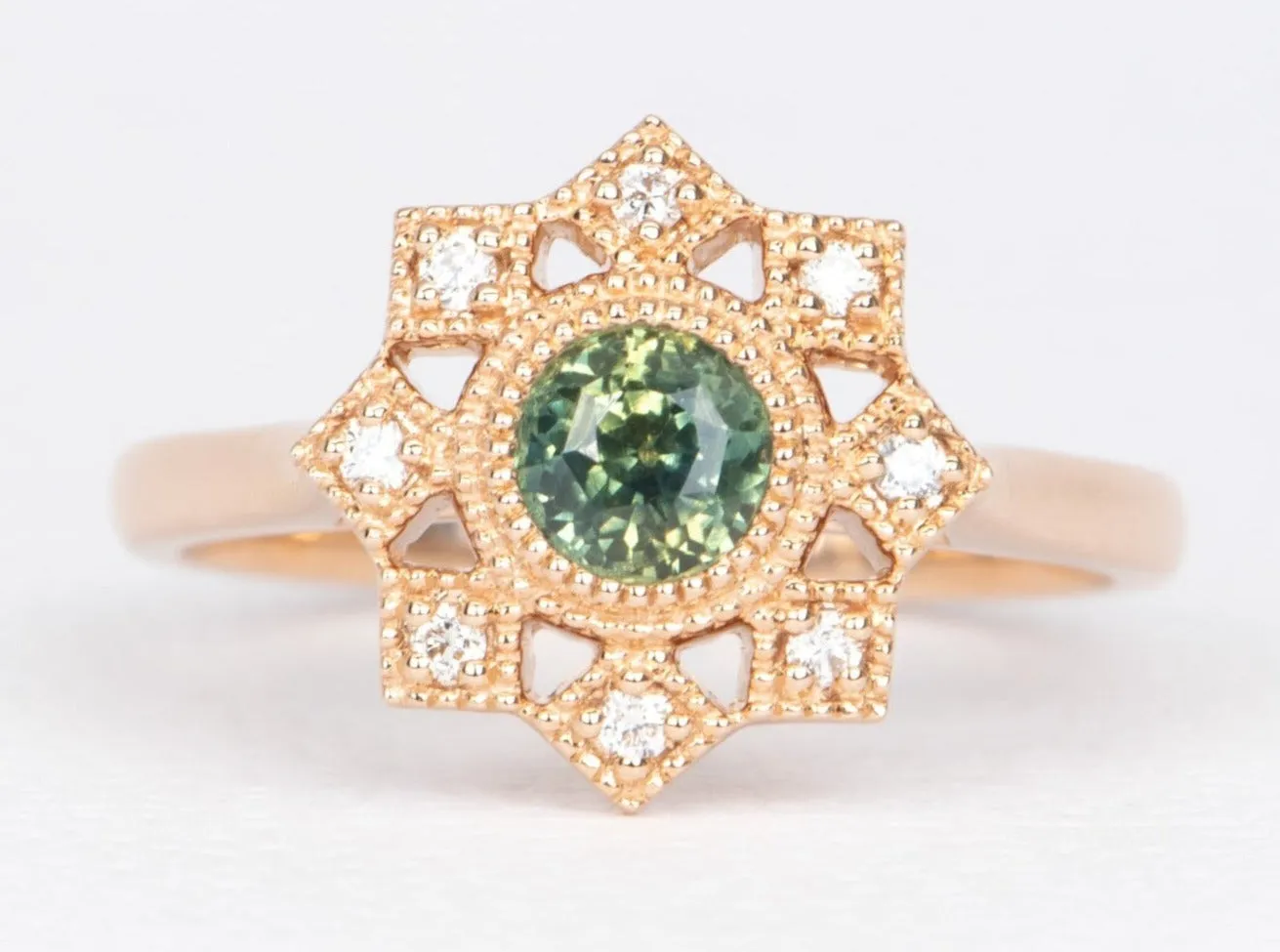 Teal Green Montana Sapphire with Diamond Halo 14K Rose Gold Engagement Ring R6465