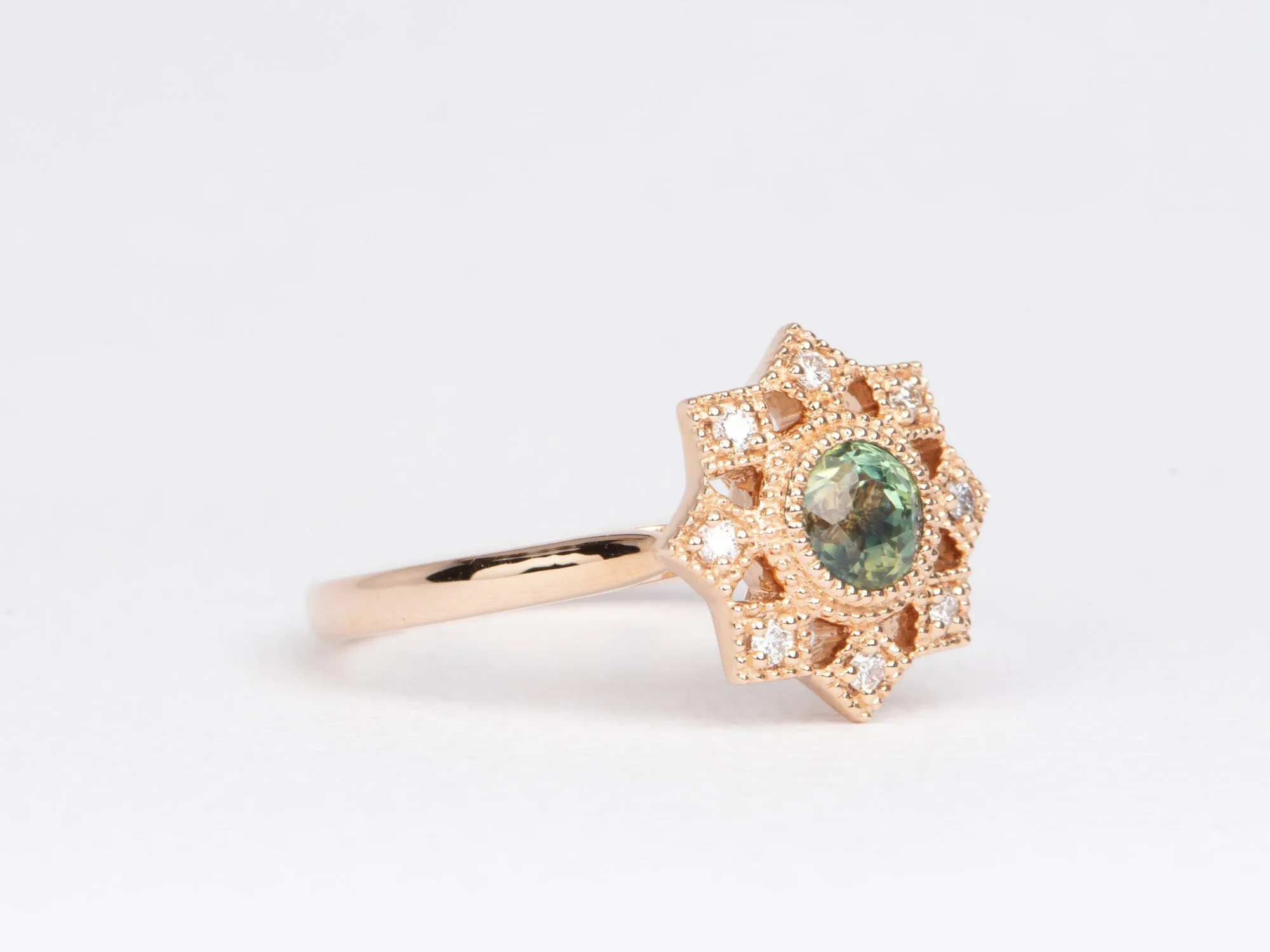 Teal Green Montana Sapphire with Diamond Halo 14K Rose Gold Engagement Ring R6465