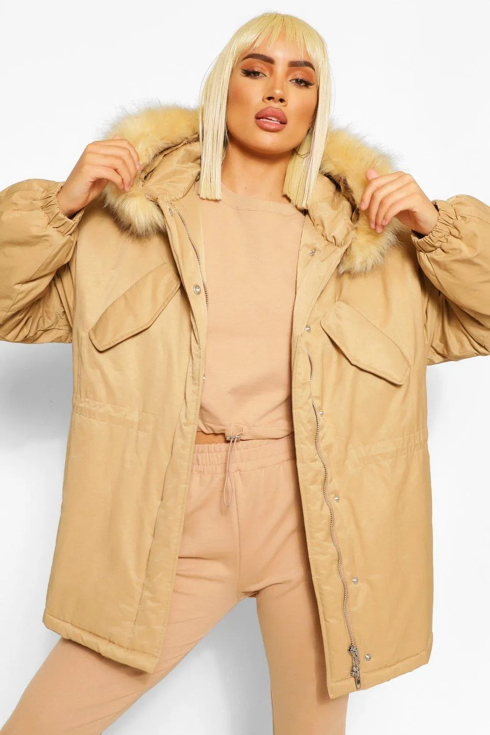 Tonal Faux Fur Trim Luxe Parka