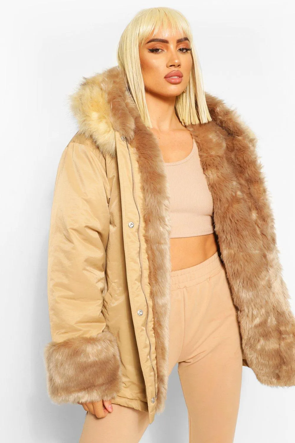 Tonal Faux Fur Trim Parka