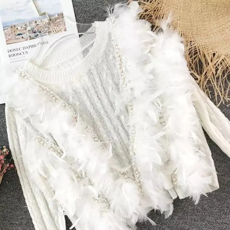 Ultra Glam Feather And Pearl Knit Sweater