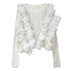 Ultra Glam Feather And Pearl Knit Sweater