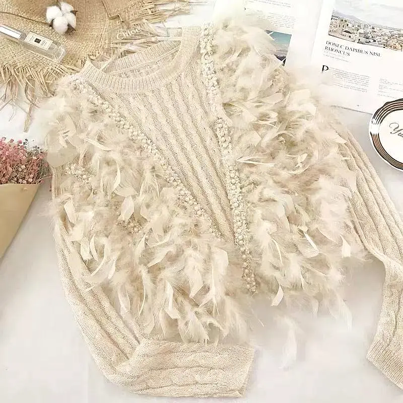 Ultra Glam Feather And Pearl Knit Sweater