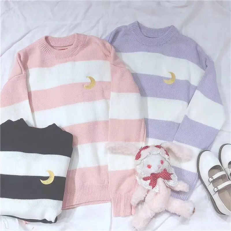 UlZZANG STRIPE MOON KNIT SWEATER BY21085