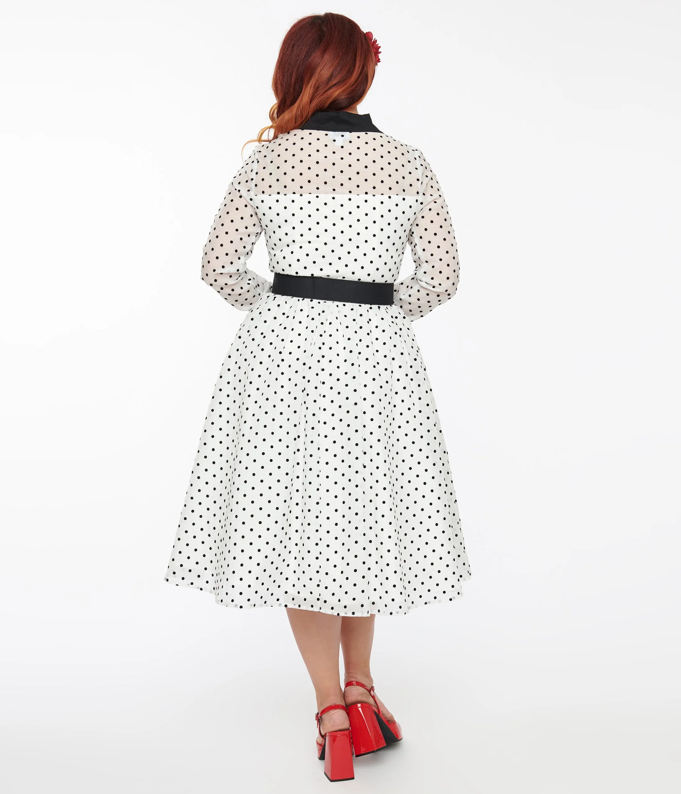 Unique Vintage 1950s Ivory & Black Polka Dot Tulle Swing Dress