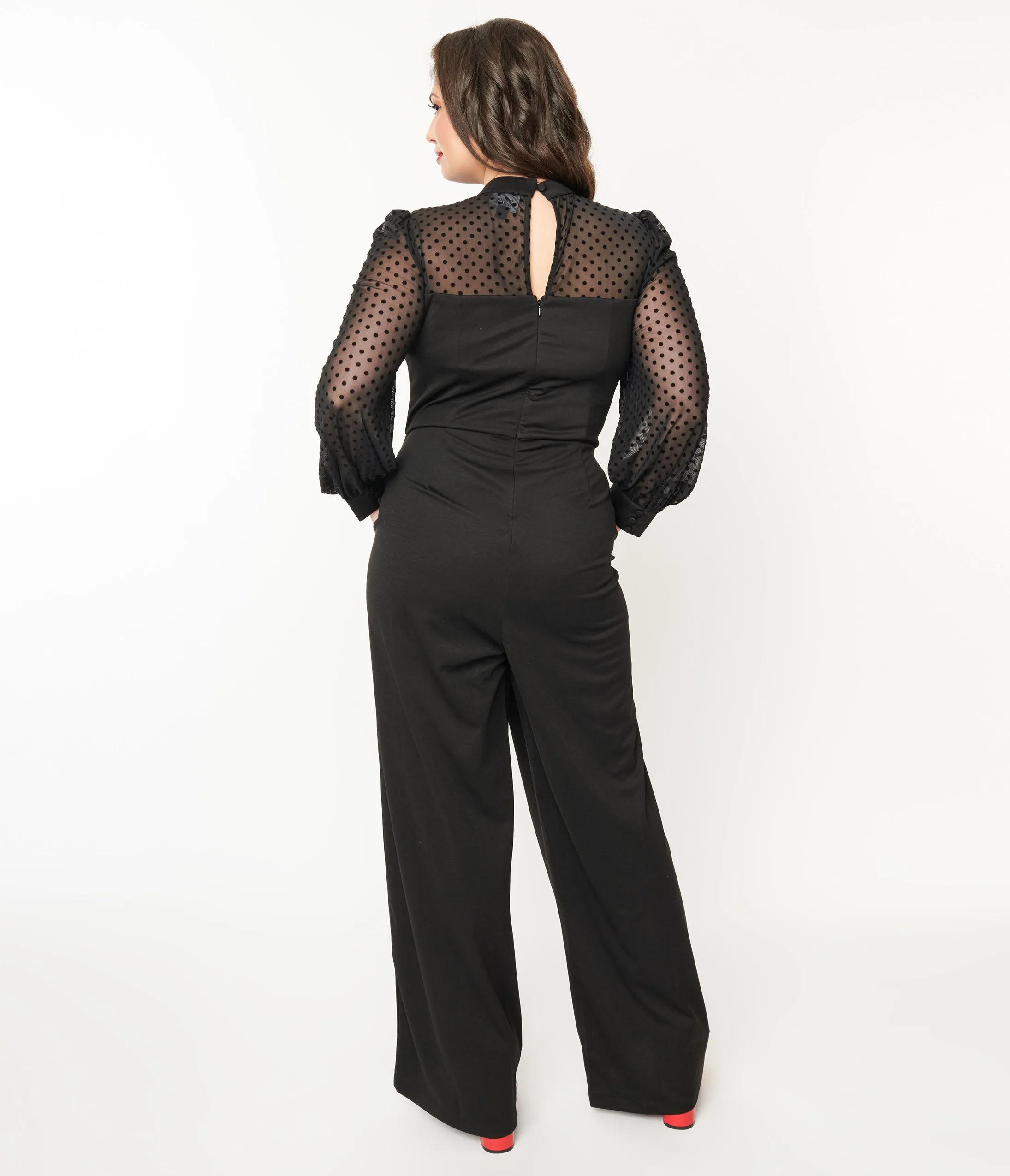 Unique Vintage Plus Size 1970s Black & Polka Dot Long Sleeve Jumpsuit