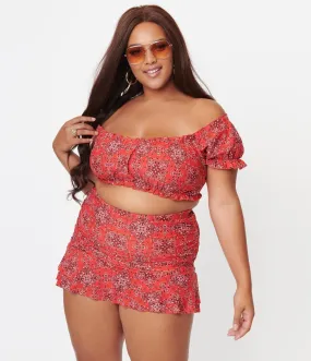 Unique Vintage Plus Size Red Bandana Print Alice Swim Skirt