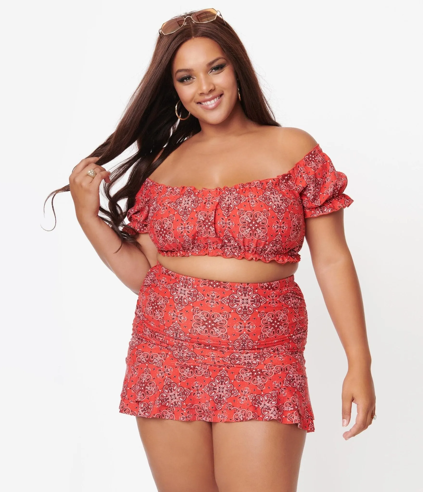 Unique Vintage Plus Size Red Bandana Print Alice Swim Skirt