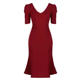 Vintage 1940s Wine Red Gathered Puff Sleeve Pencil Dress