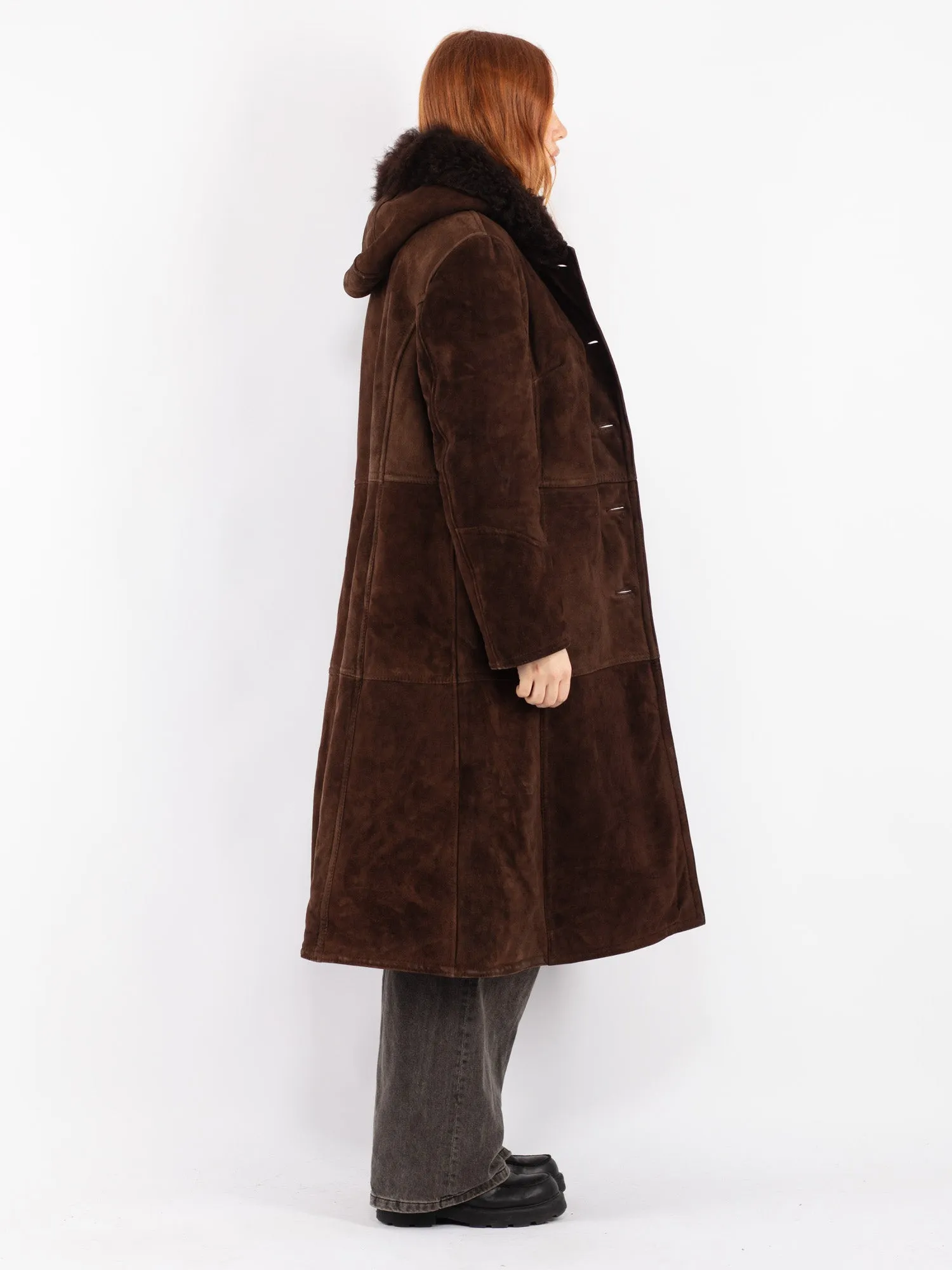 Vintage 70's Women Hooded Sheepskin Long Coat in Brown