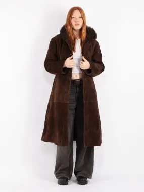 Vintage 70's Women Hooded Sheepskin Long Coat in Brown